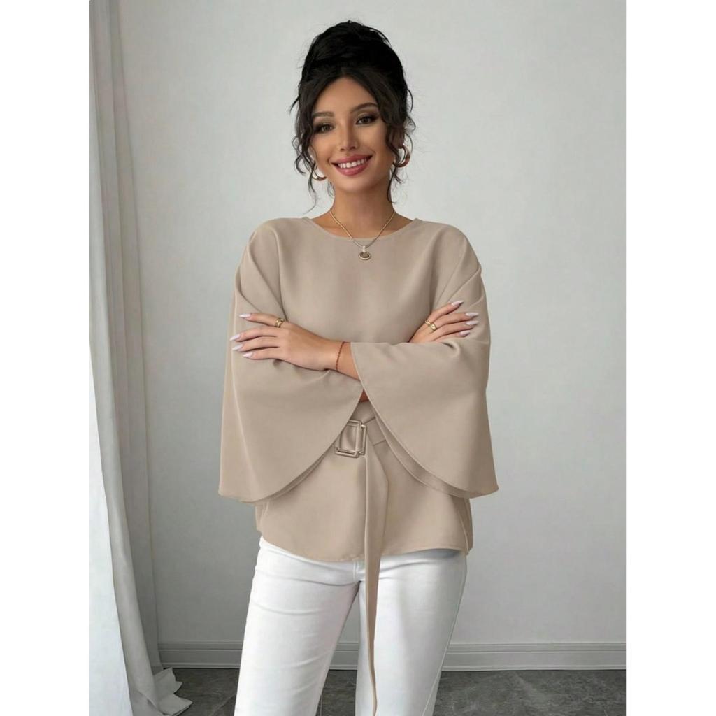 Solid Color Belted Batwing Sleeve Top, Fashion Casual Elegant Spring Summer Daily Wear