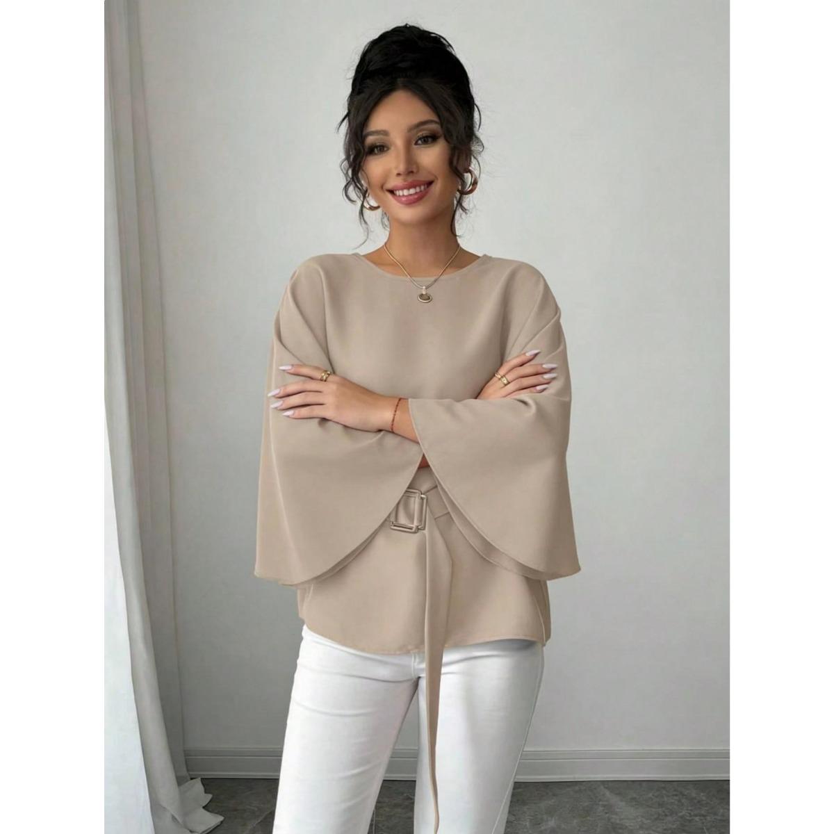 Solid Color Belted Batwing Sleeve Top, Fashion Casual Elegant Spring Summer Daily Wear S абрикосовый