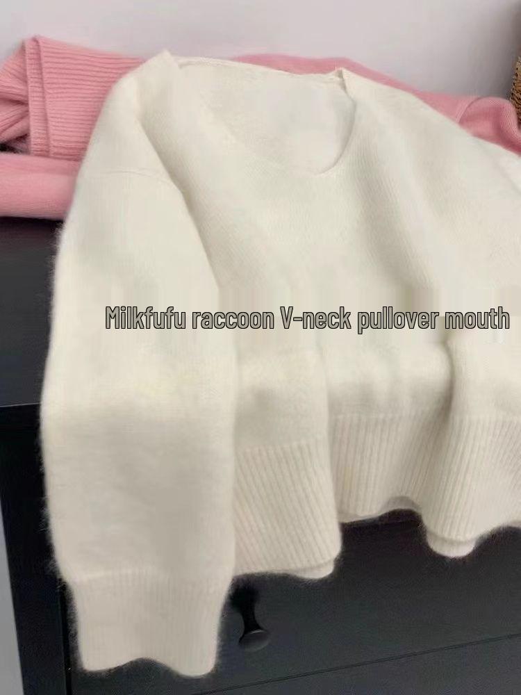 Jian Manni Women's V-neck Raccoon Fur Sweater - Loose Fit, Soft, High-End Knitwear for Autumn/Winter