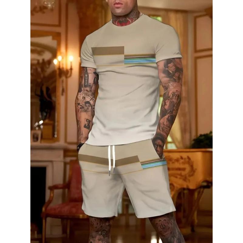 New Men's Summer Street Trendy Letter Printed Comfortable Breathable Round Neck T-shirt Shorts Set Outdoor High Street Clothing