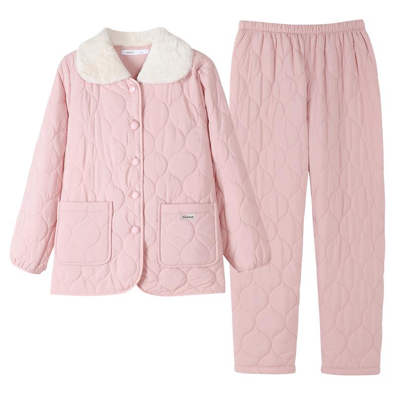 Pajamas Women'S Winter Three-Layer Thickened Padded Cotton Windproof Antistatic Coral Fleece Padded Jacket Autumn And Winter Loungewear Warm Suit