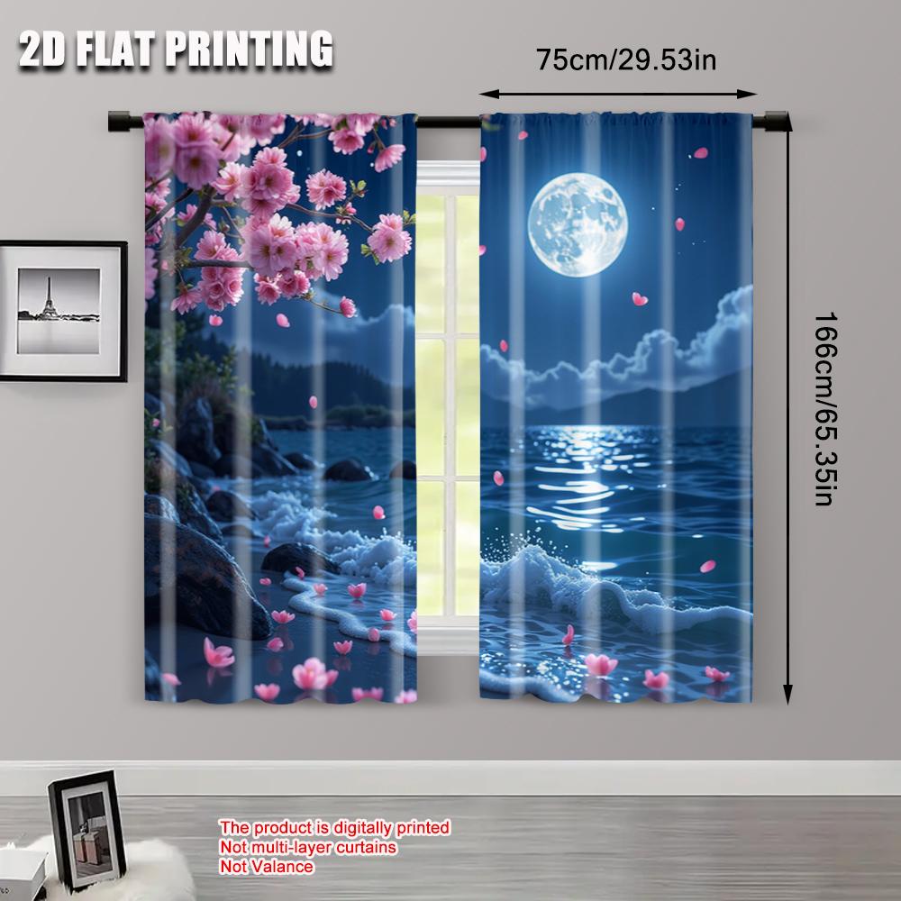 Set Of 2 Flat Printing Curtain Sakura Moon Versatile Durable Polyester Without Electricity Summer Party Decorations Carnival