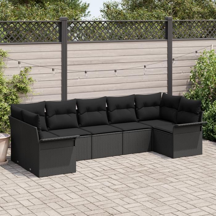 VidaXL Ensemble de Canapé de Jardin 7 Pièces avec Coussins Noirs en Poly Rotin 3345513