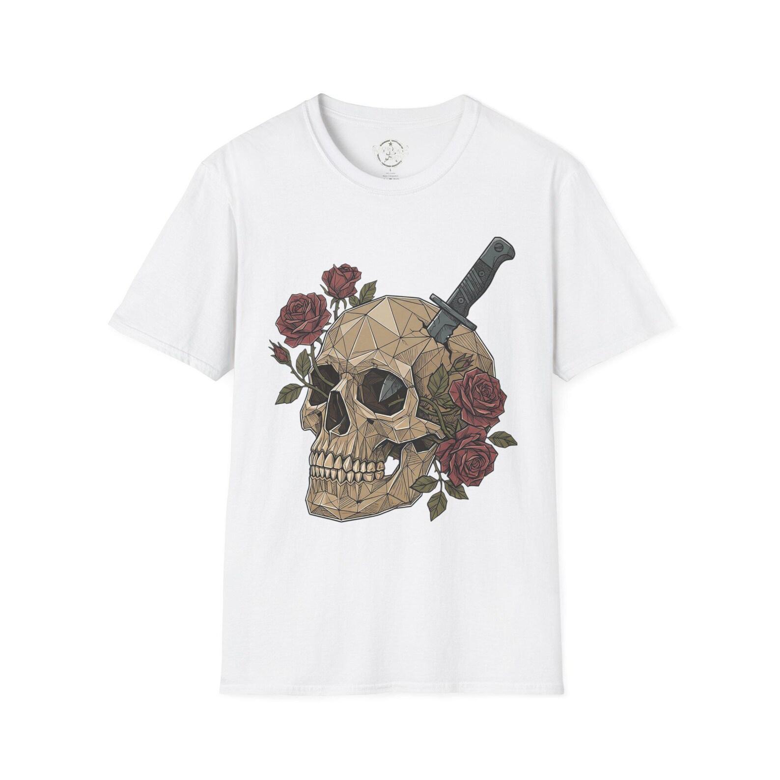 Geometric Skull with Dagger and Roses T-Shirt Gothic Floral Skull Tee XL