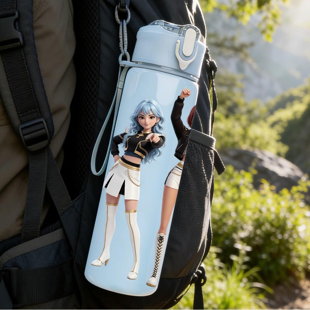 1PC Three Chibi Female Band Members 750ml Color Plastic Sports Water Bottle Leakproof Flip Straw Lid For Sports Office Home Use