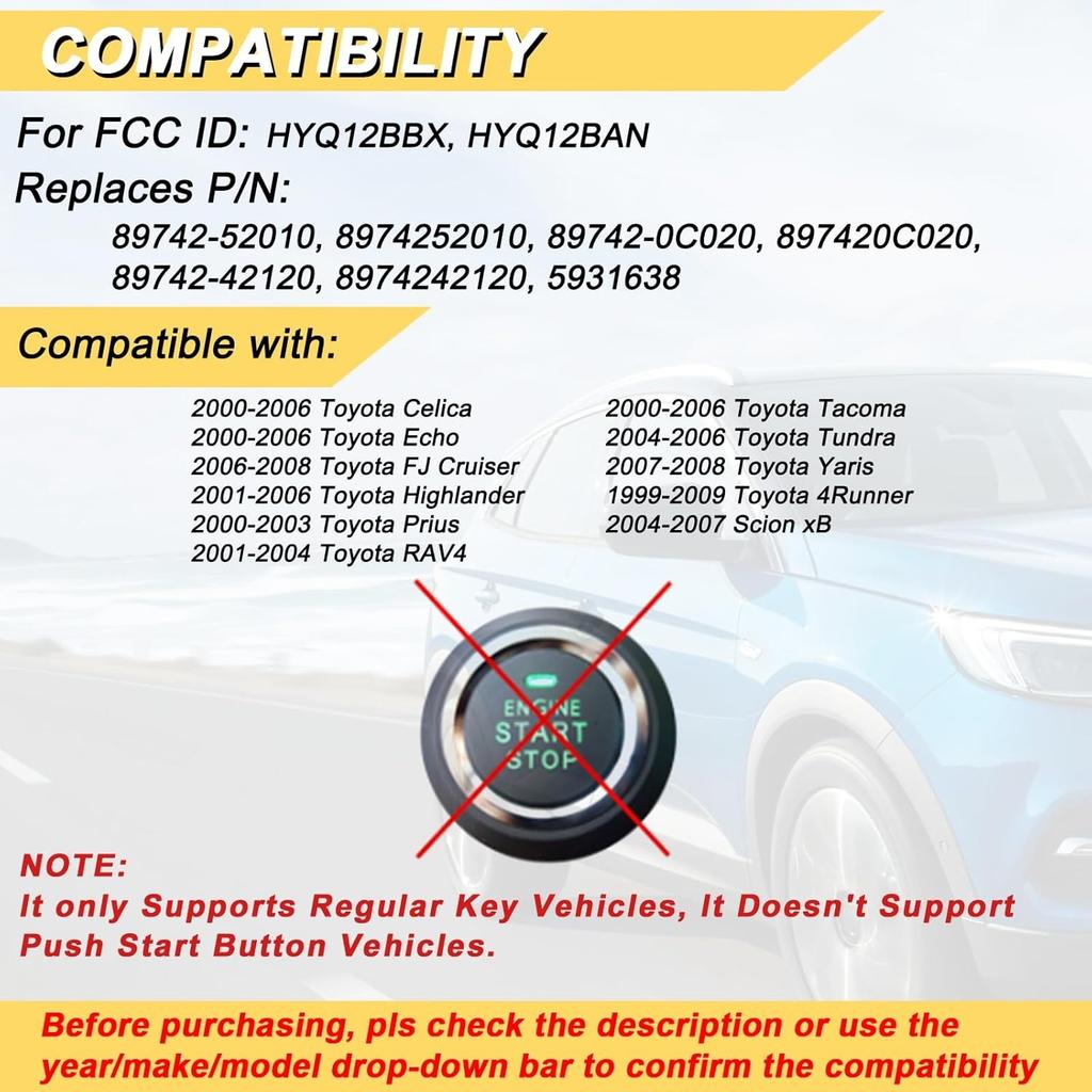 Key Fob for 01-06 Toyota Highlander/ 00-06 Celica Echo/ 00-03 Prius/ 01-04 RAV4/ 04-06 Tundra/ 99-09 4Runner/ 04-07 xB, HYQ12BBX HYQ12BAN, 2Pcs