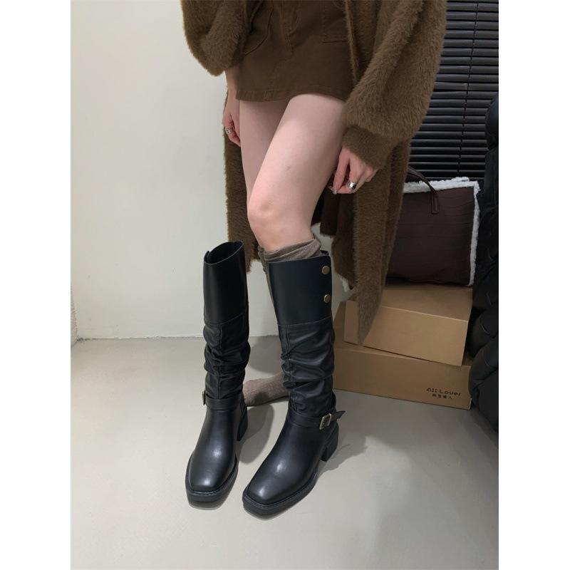 2025 Autumn and Winter Niche Design Wasteland Wind Tall Women's Boots Retro Pleated Thick Heel Stacking Boots Long Boots