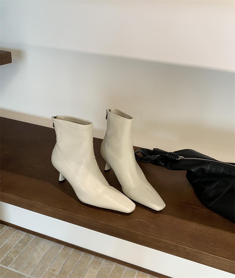 

~ Корейская версия темпераментных ботильонов на высоком каблуке с острым носком в ретро-стиле, женские кожаные ботильоны на тонком каблуке с задней молнией 39 абрикосовый