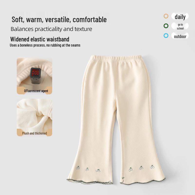 Baby Girl Cherry Embroidered Flared Trousers - Autumn Korean Style, Plus Velvet, Versatile, Fashionable Long Pants