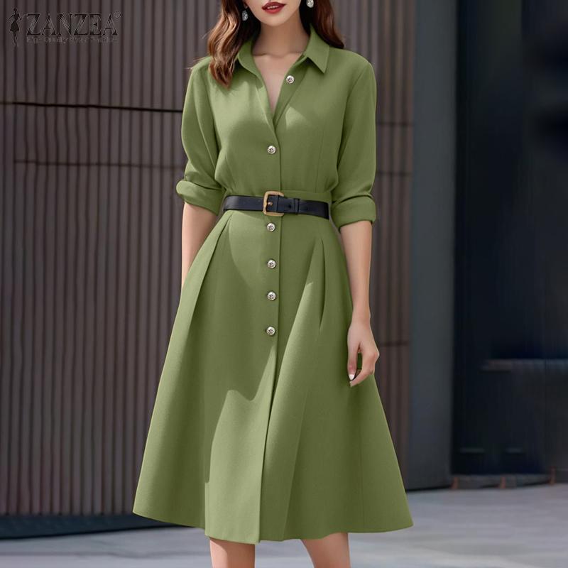 ZANZEA Women Turn Down Collar Casual Long Sleeve Dress