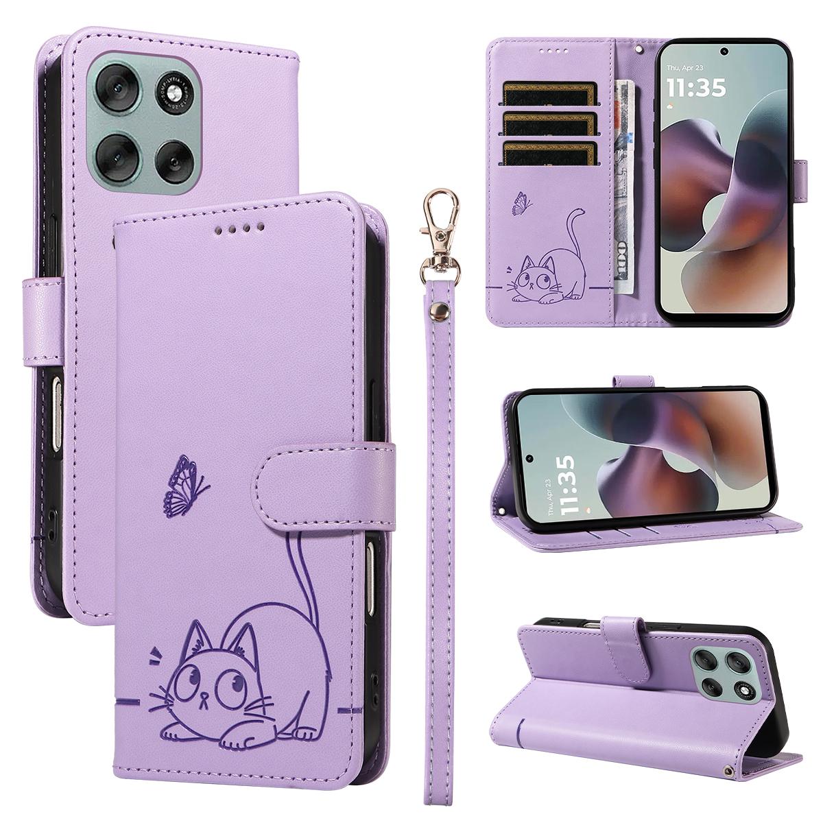 

For Motorola Moto G56 5G Case Cat Pattern Imprint Leather Phone Cover with Wrist Strap Purple
