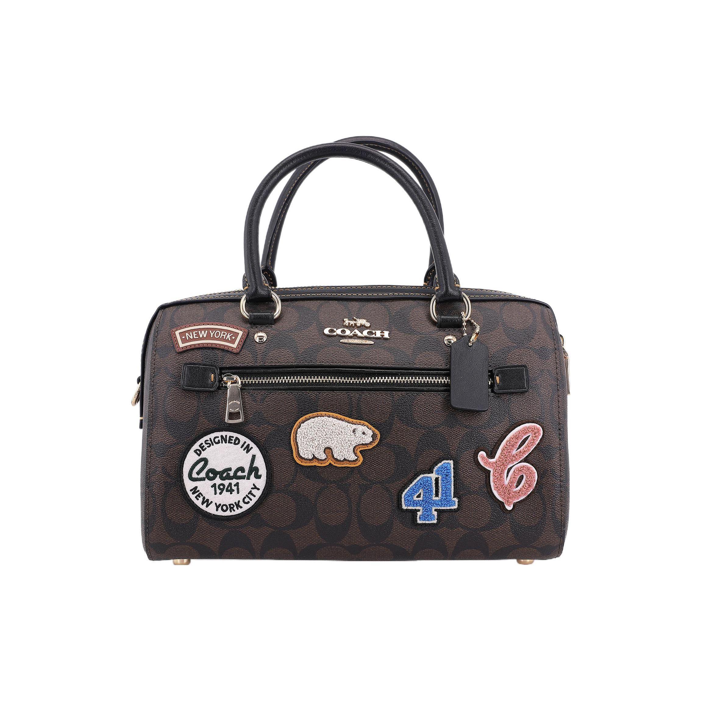 Coach Women's Dark/Brown Rowan 27 Classic Monogram Zip Closure Ski Patch Decor Canvas And Leather Shoulder Crossbody Tote Bag Large Handbags - Ce592-Imosn