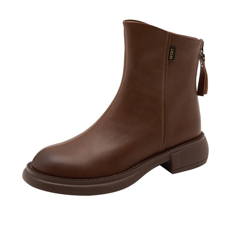 Women's Vintage Korean Style Mid-Calf Leather Martin Boots, Autumn/Winter Collection, Plus Size, Back Zipper, Casual Slimming Design.