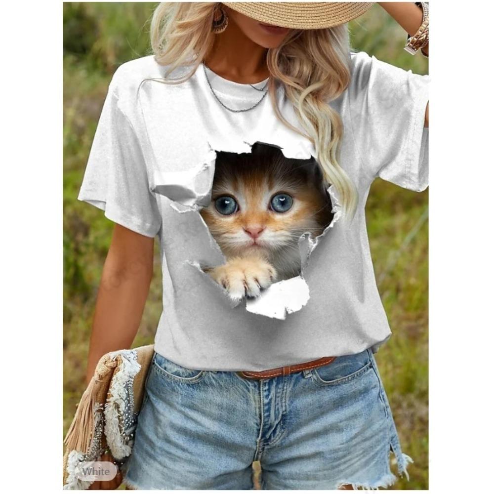 Funny Cat 3D Print Graphic T Shirt Women Fashion Casual O-Neck Short Sleeve T-shirt Animal Tops Tees Clothes