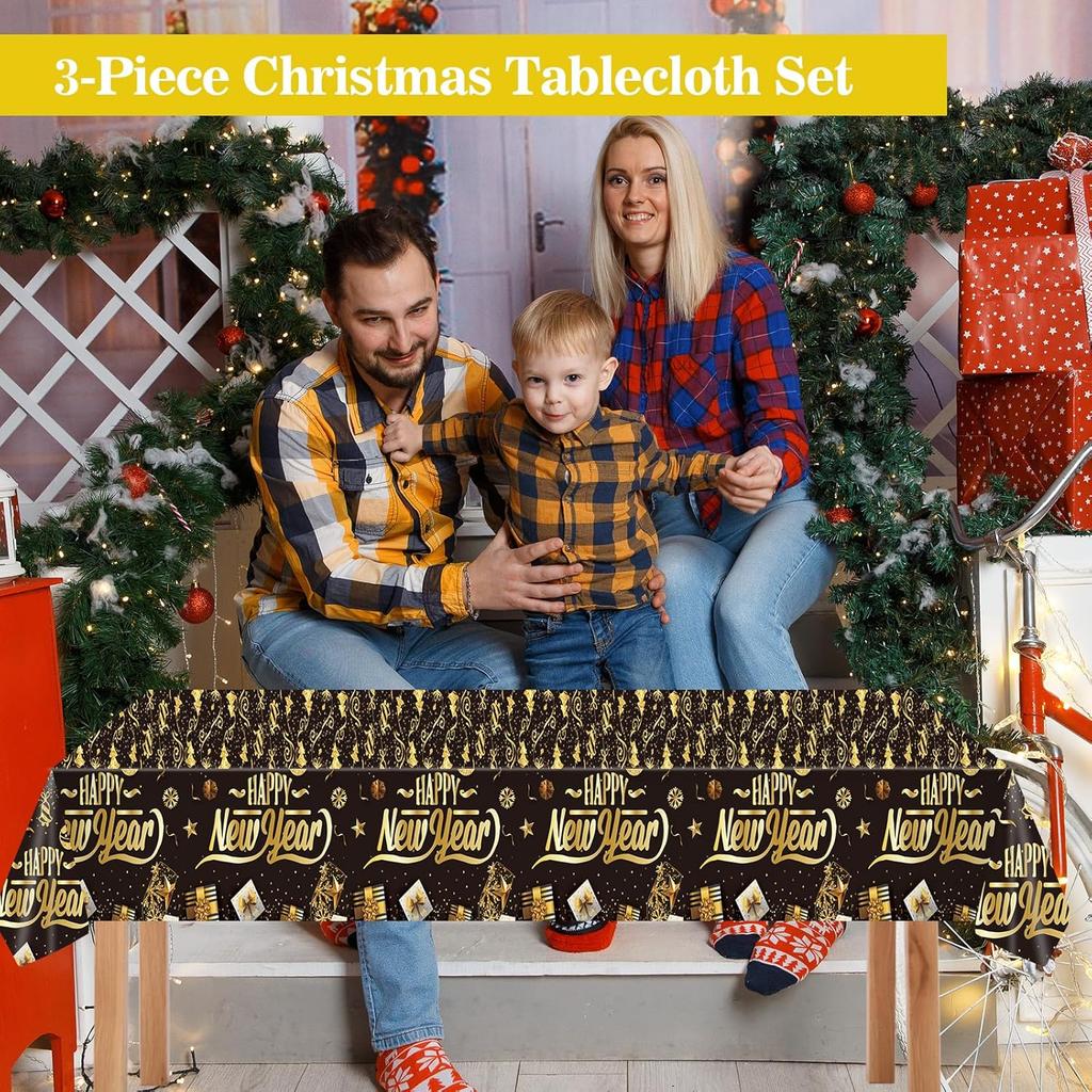 3Pcs Happy New Year Tablecloths,Black and Gold Table Covers Disposable Plastic Waterproof Tables Cover for 2026 New Year Table Supplies