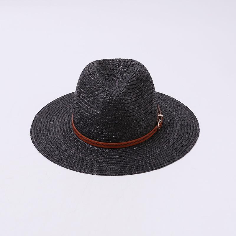 New British Fashion Leather Buckle Handwoven Straw Hat Big Eaves Sunshade Sunscreen Top Hat Seaside Holiday Temperament Hat