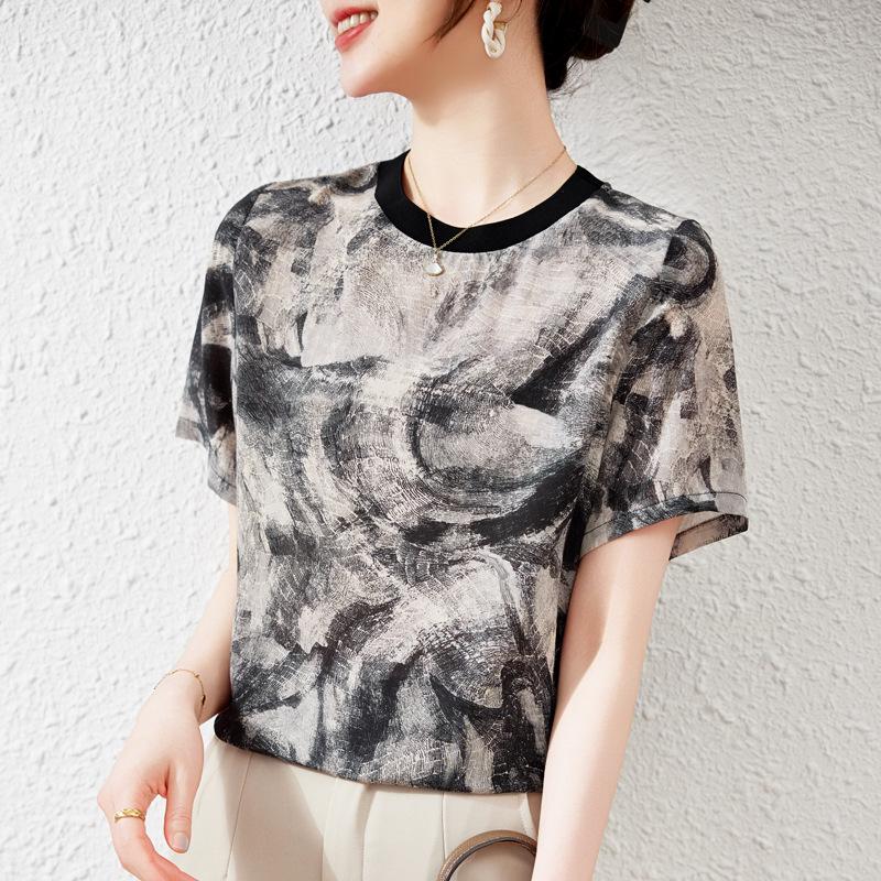 Women's 2025 Fashion Gradient Round Neck Mulberry Silk Top - High-End Short Sleeve Double Crepe Design