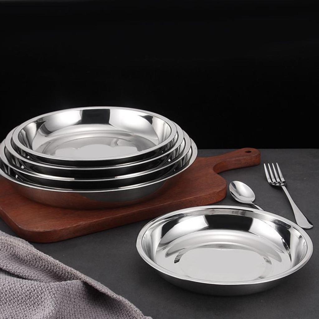 Metal Dinner Plates 304 Stainless Steel Round Camping Plates Thickened Soup Plate Tableware Tool S (16cm)