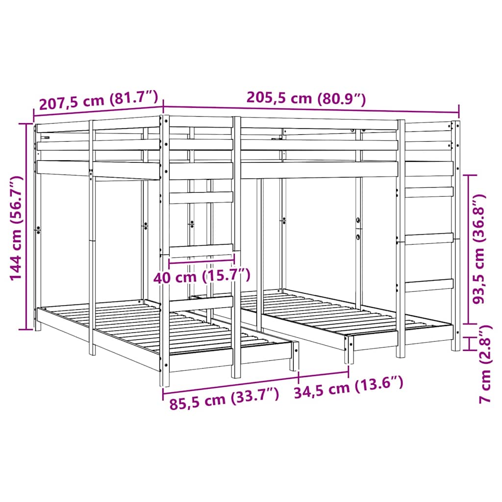 Triple Deck Bunk Bed Frame Natural Finish 80 200 x 200 cm