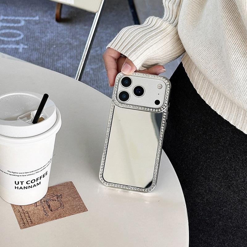Luxury Electroplating Makeup Mirror Case For iPhone 17 16 15 14 18 Pro Max Samsung Galaxy S26 S25 S24 S23 Glitter Diamond Border Protection Back