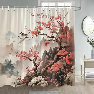 Perdele de duș cu flori în stil japonez, păsări, abstract, munte, roșu, plante florale, cerneală, artă, peisaj, țesătură, perdele pentru baie
