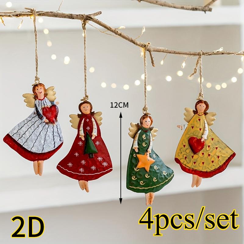 4 st/set Vintage Ängel Hängande Juldekoration Fantasy Trä Julgranshängande Prydnad Navidad Dekor Nyårspresent 2D