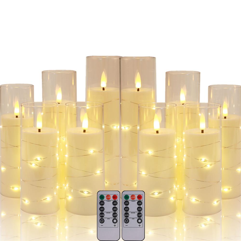 Set of 10/20 Flameless Candles W/ Embedded Star String LED Pillar Candle with Timer Remote Control For Home Indoor Wedding Decor