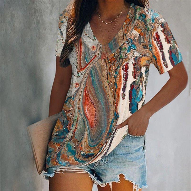 Colorful Tassels Print T-Shirt Fashion Women's Short Sleeve V-Neck T-Shirt 2024 Summer Casual Elegant Women's Large Size T-Shirt