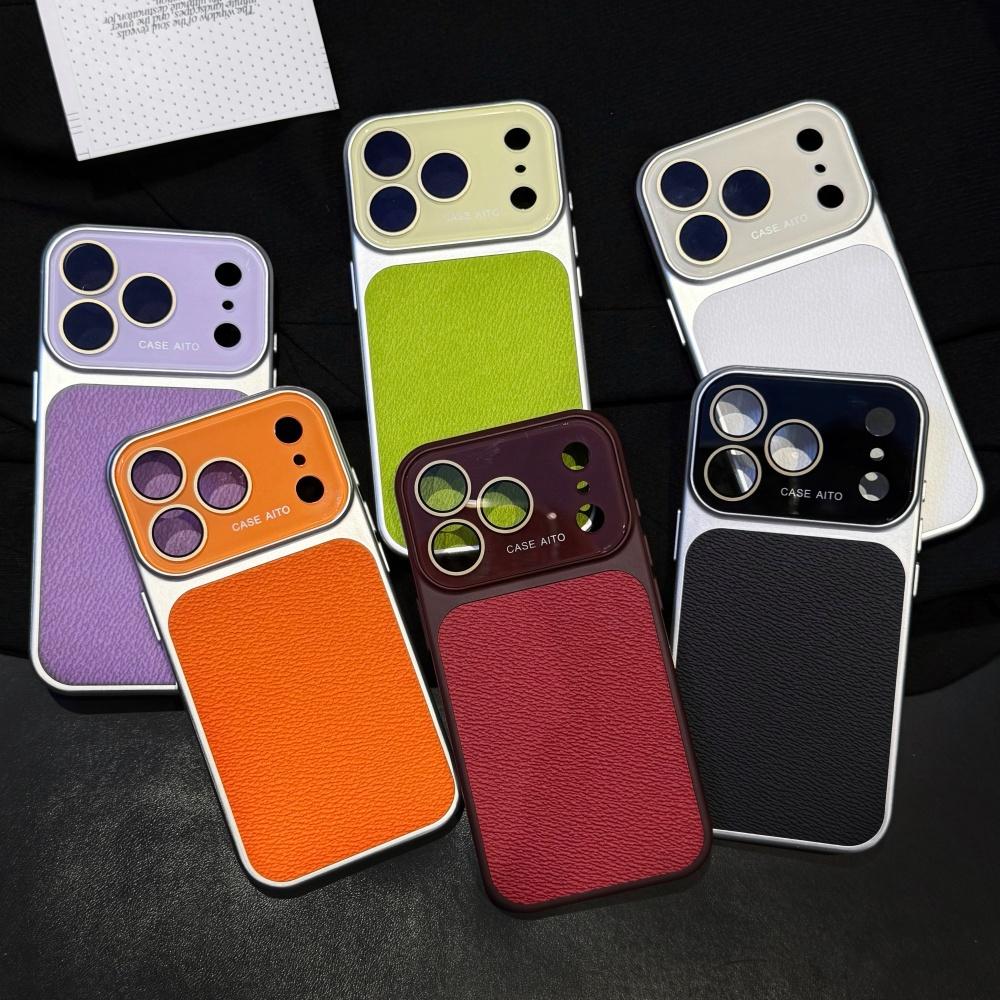 New Solid Color Leather Texture Phone Case For iPhone 17 16 15 14 Pro Max 13 Bumper Crystal Large Window Shockproof Cover