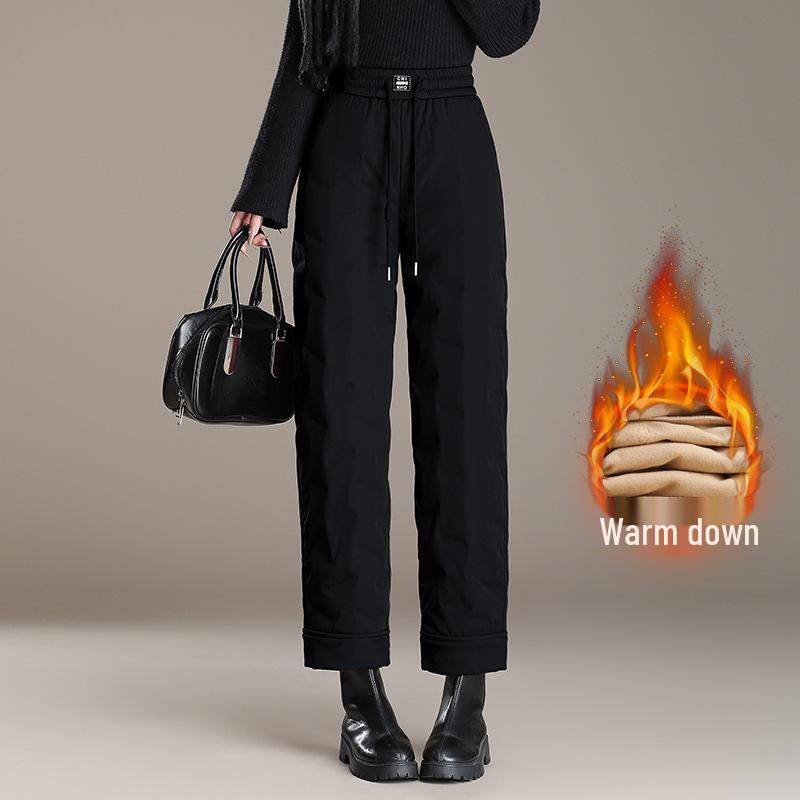 

Women s Winter High-Waist White Duck Down Cotton Pants - Loose, Thickened, Bootcut, Plus Velvet for Warmth XL чорний