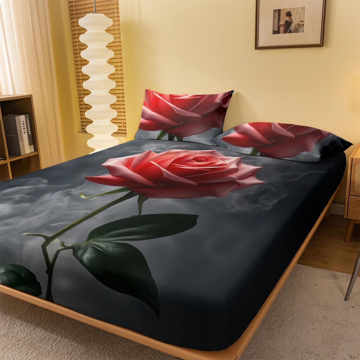 

1 Simple modern Plant Flower Pink Rose digital printed frosted Fitted Sheet,bedroom printed bed cover,bedding(No pillowcase) 100x200x25cm