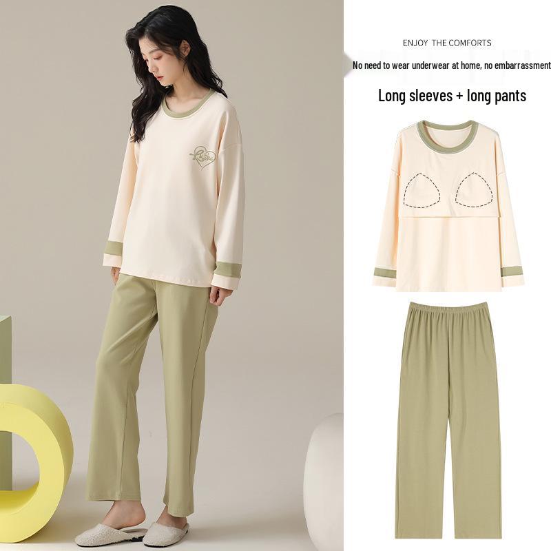 Women's Long-Sleeve Cotton Pajama Set with Chest Pads - Cozy Autumn/Winter Wear, Sweet & Stylish for Home or Outside