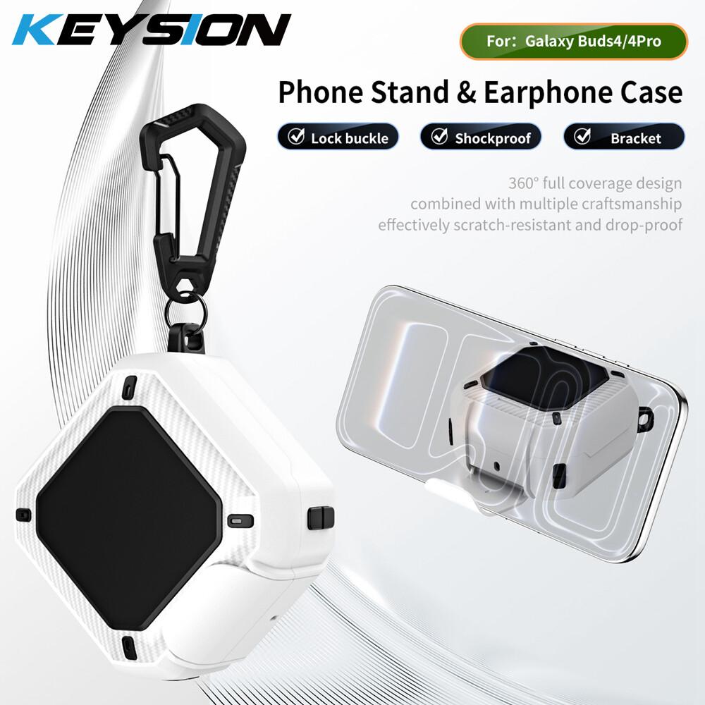 KEYSION Bluetooth Earphone Case for Samsung Buds 4 Pro Silicone+PC With Phone Stand Hook Shockproof Cover for Galaxy Buds4 4 Pro