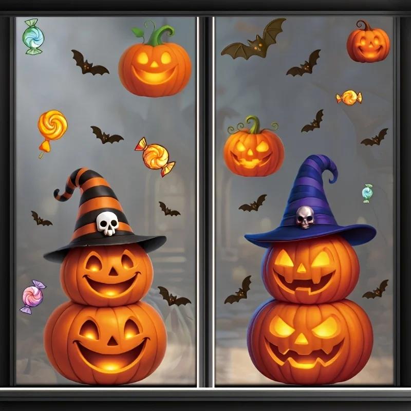 Halloween pumpkin glass stickers, exquisite holiday party decoration arrangement candy pumpkin lantern black cat window stickers