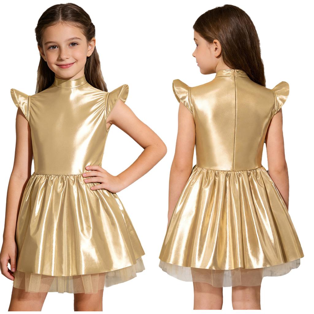 Schillerndes Alien-Tutu-Kleid für Mädchen, Glänzendes Kostüm mit Stehkragen, Flatterärmeln & Reißverschluss hinten, Bühnenauftritt & Party