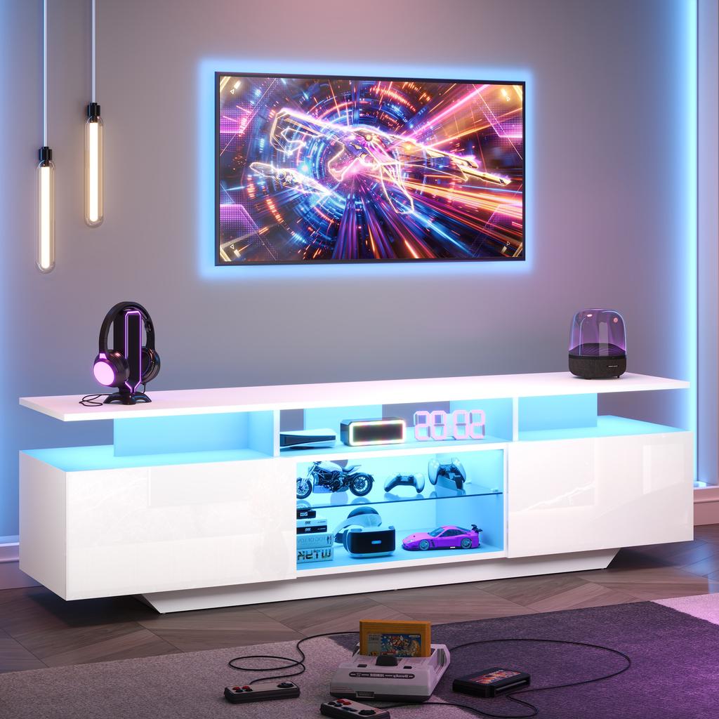 160*40*45cm TV Stand with 2 Cabinets, High-Gloss TV Cabinet with LED Light Strip, Modern TV Entertainment Center with 8 Shelves, MDF, 70-Inch TV