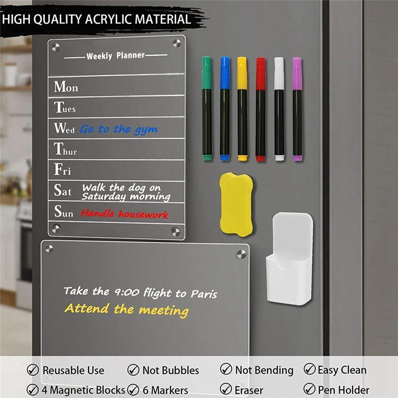 BHBL 2 PCS Clear Acrylic Dry Erase Board for Fridge, 12X8Inch Magnetic Weekly Meal Planner, Kitchen Menu Planner Board