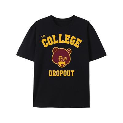 Europäische Größen Herren College-Dropout Grafik-T-Shirt - Kräftiger Bär & THE COLLEGE DROPOUT Aufdruck, Schwarz mit Gelber & Roter Schrift, Rundhals Regular Fit