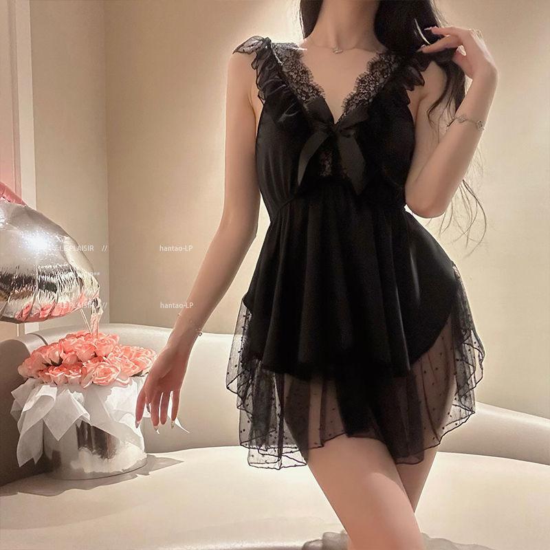 

Sexy sexy silk polka dot mesh, sweet bow suspender nightdress women s suit exciting One size fits all【80-120】 чёрный