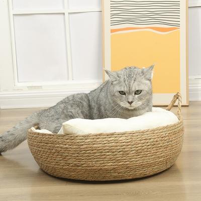Cat Litter Rattan Weaving Cat Basket Bed with Soft Cushion Round Donut Design Cozy Warm Comfortable Sleeping Nest for Cats Dogs