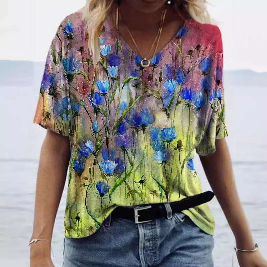 Sommer Graffiti Blume 3D-gedrucktes Kurzarm Damen V-Ausschnitt Buntes Lässiges Vielseitiges T-Shirt