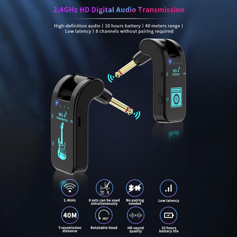 2.4G Wireless Guitar Transmitter Receiver Guitar System 48K/16bit Real-time Transmission 282 Degree Rotatable Plug for Guitars