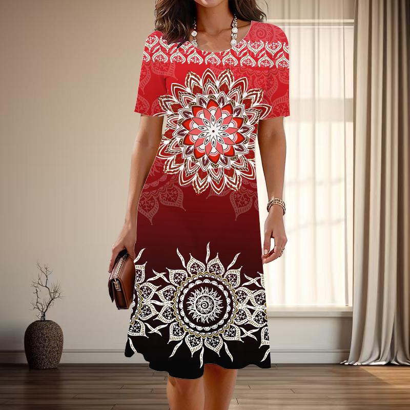 Women's Fashion Graceful Retro Pattern Print Summer Spring Short Sleeve O-Neck Casual Dresses