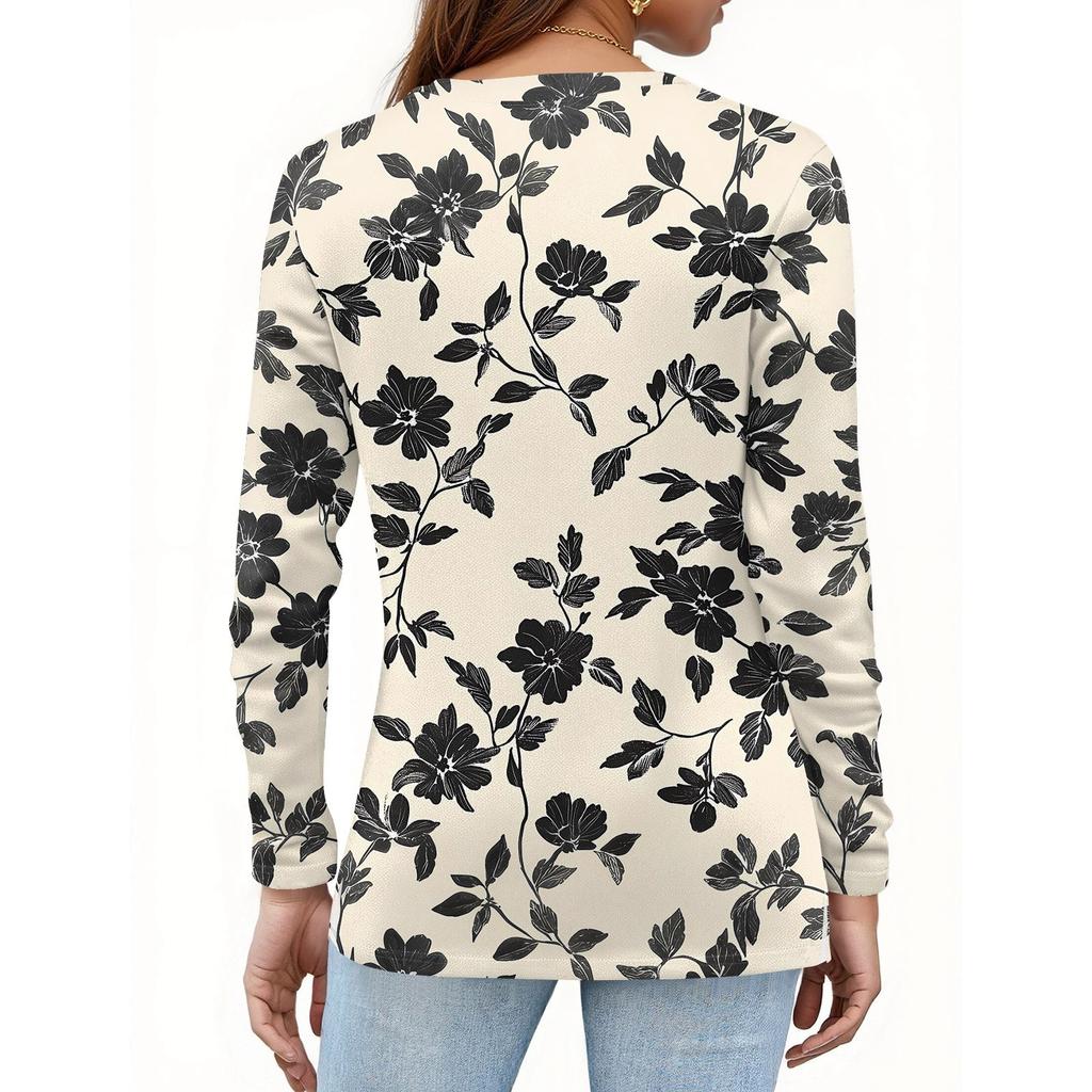 Women's Fashion Casual Slit Hem Round Neck Long Sleeve Loose Printed T-Shirt Ladies Top