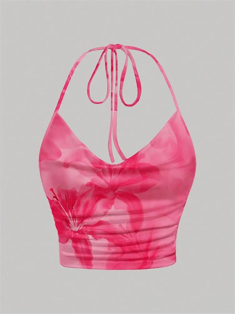 

Кроп-топ phumee без спинки халтер однотонный с глубоким V-образным вырезом тай-дай A2515 L розы красного