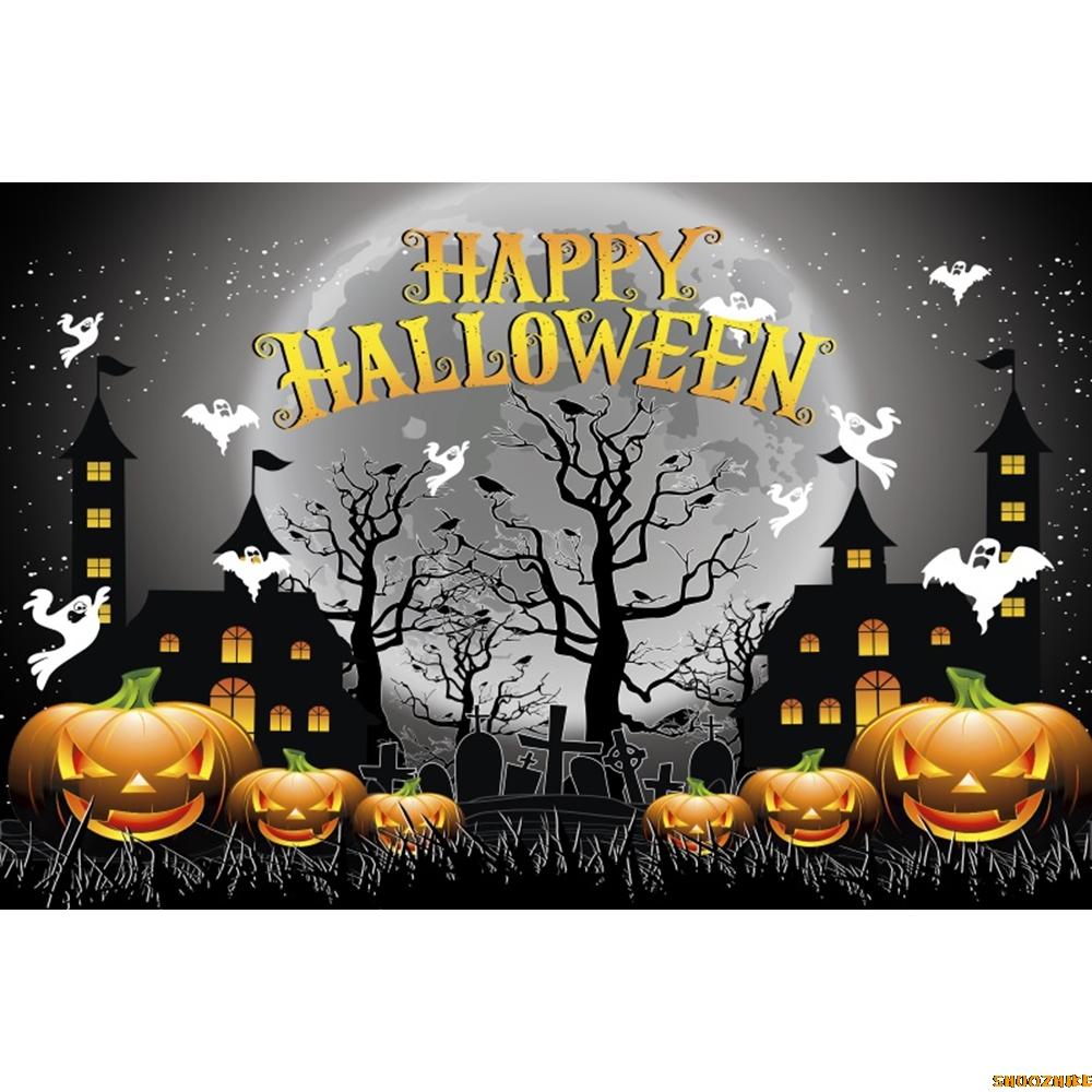 1pc Grey Halloween Party Backdrop with Gothic Night Moon Castle Pumpkin Bat Cat Wolf Banner for Halloween Theme Party Decoration