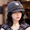 Korean Style Cat Ear Beret Hat Women With Embroidered Letters Wool Blend Octagonal Cap Adjustable Foldable Beanie
