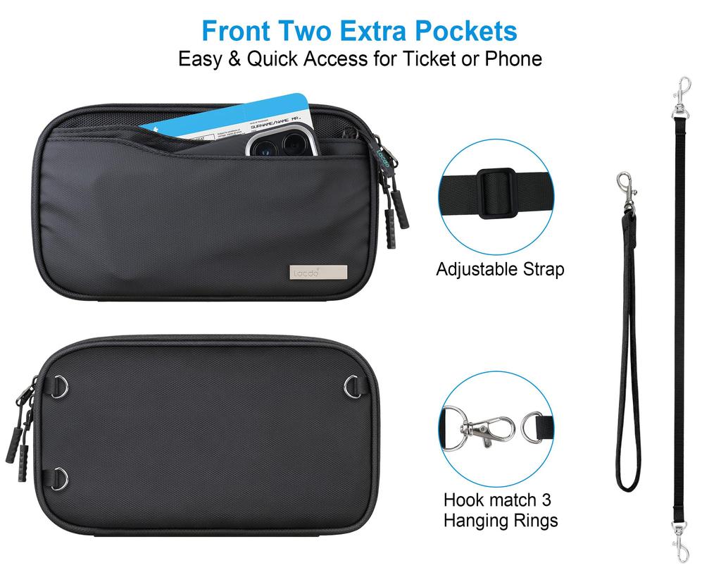 Lacdo Passport Family Passport Wallet for Women and Travel Document Credit Card Case Water with Detachable Wrist Neck Portable Travel Black Holder,