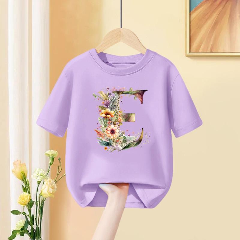 Mädchen T-Shirt 26 Englische Buchstaben A B C D Kindermode Blume T-Shirt Kinder Benutzerdefinierter Name Buchstabe Sommer Lila Kleidung