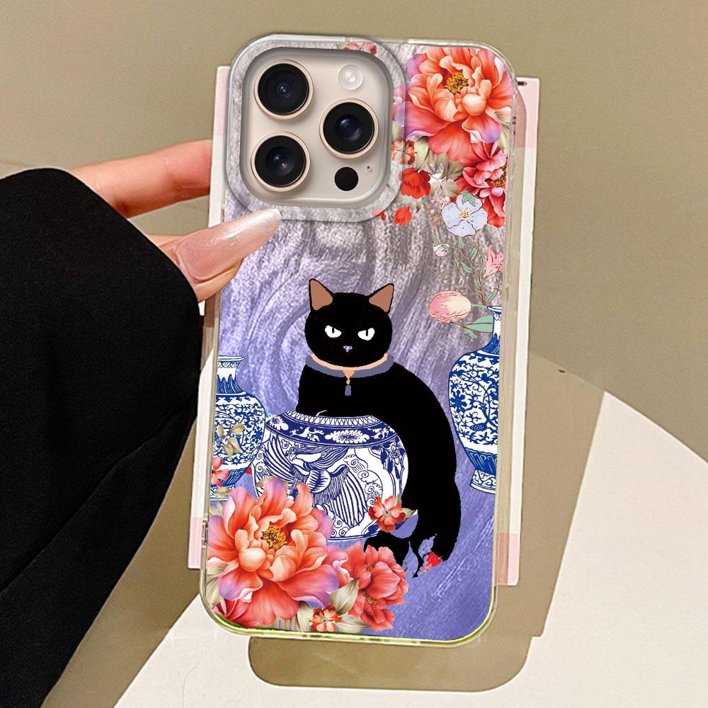 

Роскошные чехлы для телефона с черной кошкой и цветами Чехол для телефона для iphone 16 14 15 Plus 13 Pro Max 7 16e Милый девчачий чехол Силиконовая задняя крышка iPhone 7 белый